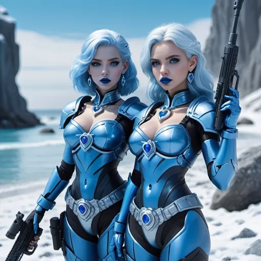 Prompt: Two women holding a sniper, blue lipstick, snowy rocky cliff beach, blue heart necklaces, Thick blue soldier armor, pleasant face, blue spiral eyes, blue eyeshadow, long ice earrings. Cold color scheme, ultradetailed, 8k resolution, perfect, smooth, high quality, shiny. 