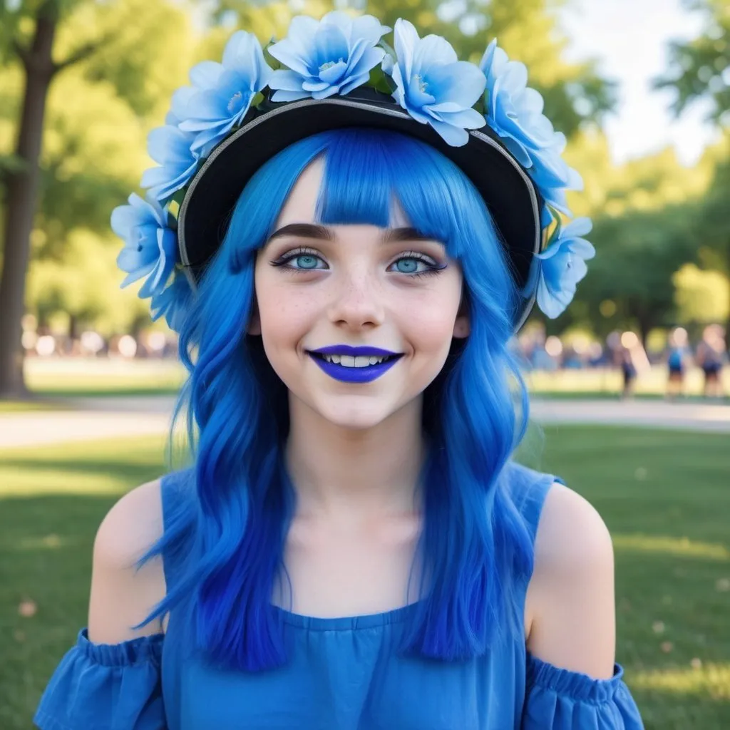 Prompt: 14 year old girls at a park, blue hair, blue lipstick, blue eyes, blue makeup, blue clothes, blue flower hats. Happy face.