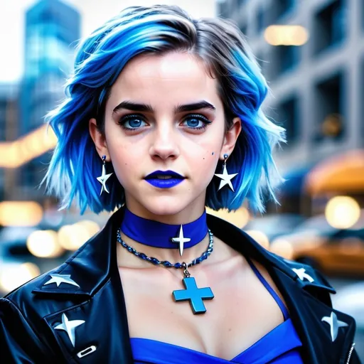 Prompt: Emma Watson, blue choker, blue eyes, blue hair, blurry, blurry background, building, car, choker, cross, blue cross earrings, depth of field, blue heart earrings, blue eyeshadow, ground vehicle, jacket, jewelry, k/da \(league of legends\), lips, blue lipstick, long blue hair, looking at viewer, makeup, motor vehicle, photo \(medium\), piercing, solo, star \(symbol\), blue star earrings, star print