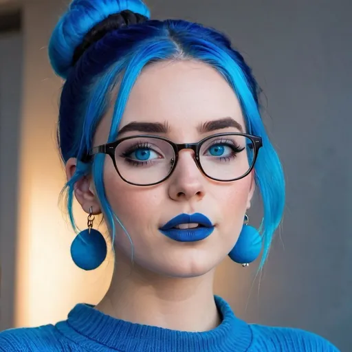 Prompt: a hot blue hair girl, with bun, blue eyes and glasses, blue lipstick, blue sweater, blue eyeshadow, blue makeup, blue halo earrings. 