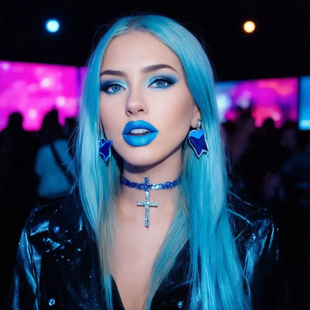 Prompt: 2020s, Kayleigh Mcenany , blue choker, blue eyes, blue hair, blurry, blurry background, disco, party, choker, cross, blue cross earrings, depth of concert hall, blue heart earrings, blue eyeshadow, blue lights, jacket, jewelry, k/da \(league of legends\), lips, blue lipstick, long blue hair, looking at viewer, makeup, tv screens, photo \(medium\), piercing, solo, star \(symbol\), blue star earrings, star print, 