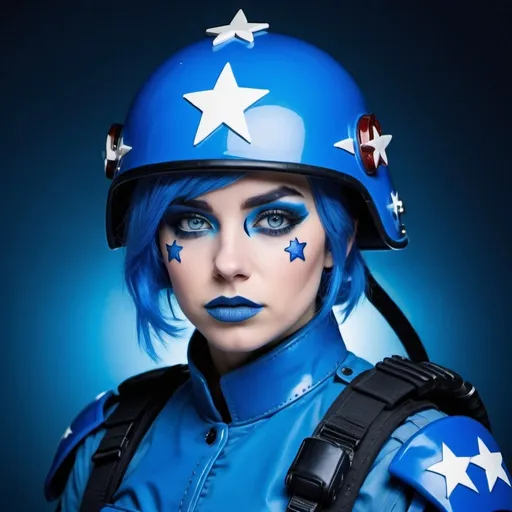 Prompt: 2010s, a female officer wearing a blue riot helmet, blue lipstick, blue makeup including blue eyeshadow and blue blush, blue hair, blue eyebrows, blue eyes, colourised, blue riot gear, full body shot, photography, blue hearts and stars, sad.
