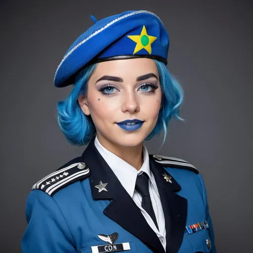 Prompt: 2010s, Brazilian female officer wearing a blue beret, blue lipstick, blue makeup including blue eyeshadow and blue blush, blue hair, blue eyebrows, blue eyes, colourised, blue uniform beret, full body shot, photography, blue hearts and stars soft smile.