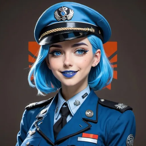 Prompt: Anime Dieselpunk female officer wearing a blue beret, blue lipstick, blue makeup including eyeshadow and blush, blue hair, blue eyebrows, blue eyes, colourised, blue uniform beret, full body shot, anime lineart style, blue hearts and starssoft smile.