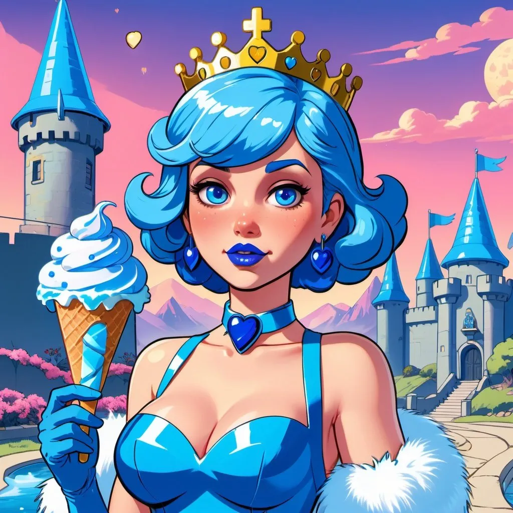 Prompt: GTA v cover art, Princess daisy with ultradetailed large shiny blue lips, Blinding blue Heart Earrings, Blue Xtra Large Metal Ball Gown, blue plastic Gloves with blue Fur, Glowing Blue eyes, Artisans Cut, Gleaming blueberry Ice Cream, blue Tiara. Pristine blue hair, confident facial expression, Full eyebrows with blue tint, blue Candy necklace, Wintry Aura, blue Armor Plated Shoulders, Cake Covered blue wand, blue Sharp Nails, coastal castle, Blue Moon. High resolution, Cold color scheme, high radiance.