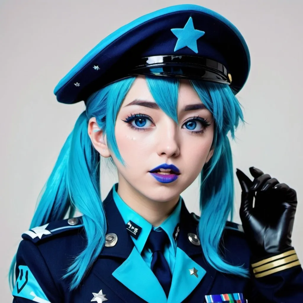 Prompt: 2010s, hatsune miku as a female officer wearing a blue beret, blue lipstick, blue makeup including blue eyeshadow and blue blush, blue hair, blue eyebrows, blue eyes, colourised, blue uniform beret, full body shot, photography, blue hearts and stars, coughing.