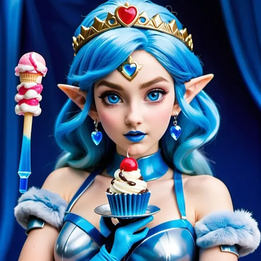Prompt: Princess Zelda with ultradetailed large shiny blue lips, Blinding blue Heart Earrings, Blue Xtra Large Metal Ball Gown, blue plastic Gloves with blue Fur, Glowing Blue eyes, Artisans Cut, Gleaming blueberry Ice Cream, blue Tiara. Pristine blue hair, confident facial expression, Full eyebrows with blue tint, blue Candy necklace, Wintry Aura, blue Armor Plated Shoulders, Cake Covered blue wand, blue Sharp Nails, coastal castle, Blue Moon. High resolution, Realistic, Cold color scheme, high radiance.