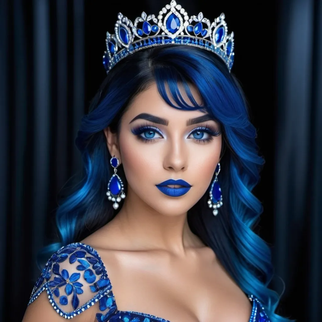 Prompt:  2 Hispanic women, blue makeup, blue lipstick, blue eyes, blue hair, blue eyebrows, blue blush, blue silk pattern dress, blue tiaras, blue earrings, long dark blue skirt, blue finger nails. Photograph, realistic, any facial expression, full body