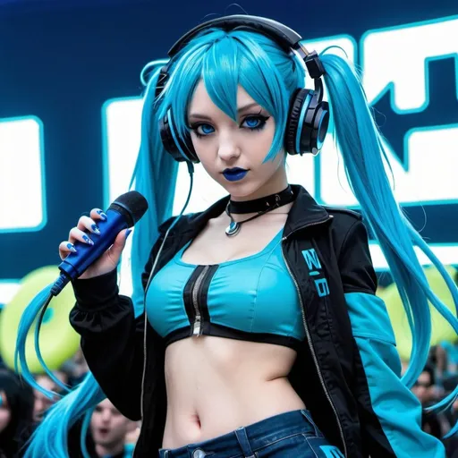 Prompt: Cyber goth hatsune miku, electronic dance, full body view, blue lipstick, blue eyes, blue eyeshadow, blue crop top, blue jacket, blue nails, blue hair, blue headphones, blue microphone, blue speakers, blue lights shining, political rally