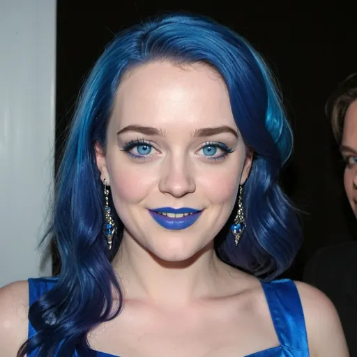 Prompt: Kat Denning's with blue mullet, blue eyes, flowing blue hair, smiling lips with blue lipstick, blue dress, blue makeup, blue eyeshadow.



