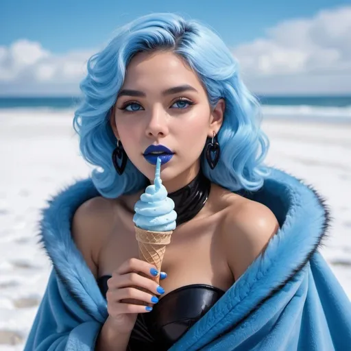 Prompt: Latina eating candy ice cream, blue lipstick, snowy beach, blue heart necklaces, Thick blue fur coat, Black Cape, pleasant face, blue spiral eyes, blue eyeshadow, long ice earrings. Cold color scheme, ultradetailed, 8k resolution, perfect, smooth, high quality, shiny. 