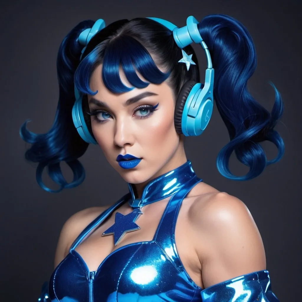 Prompt: 2020s, Chun-li as a female popstar wearing a blue headphones, aqua blue lipstick, glossy and sparkling lips, blue makeup including blue eyeshadow and blue blush, dark blue hair, blue eyebrows, blue eyes, colourised, blue plastic gown, full body shot, photography, blue hearts and stars, euphoric.