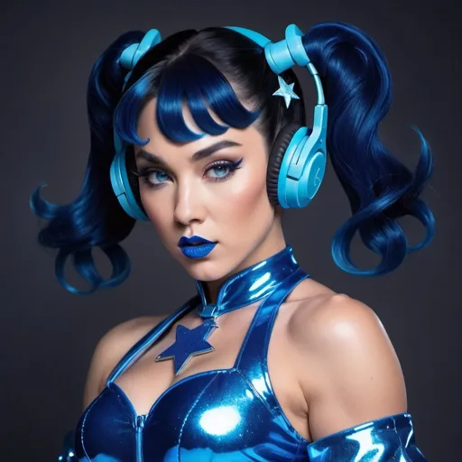 Prompt: 2020s, Chun-li as a female popstar wearing a blue headphones, aqua blue lipstick, glossy and sparkling lips, blue makeup including blue eyeshadow and blue blush, dark blue hair, blue eyebrows, blue eyes, colourised, blue plastic gown, full body shot, photography, blue hearts and stars, euphoric.