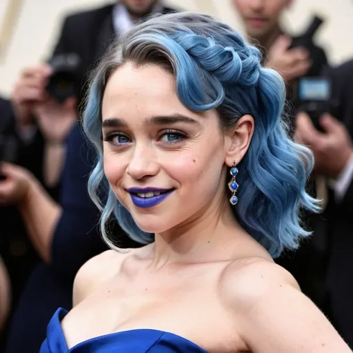 Prompt: Emilia Clarke with blue mullet, blue eyes, flowing blue hair, smiling lips with blue lipstick, blue dress, blue makeup, blue eyeshadow.



