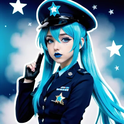 Prompt: 2010s, hatsune miku as a female officer wearing a blue beret, blue lipstick, blue makeup including blue eyeshadow and blue blush, blue hair, blue eyebrows, blue eyes, colourised, blue uniform beret, full body shot, photography, blue hearts and stars, coughing.