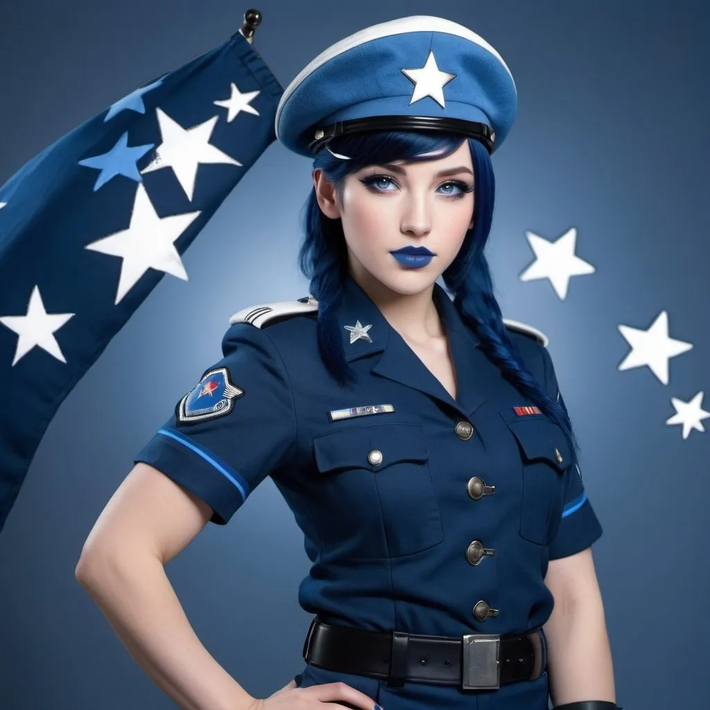 Prompt: 2010s, Tifa Lockhart as a female officer wearing a blue beret, blue lipstick, blue makeup including blue eyeshadow and blue blush, blue hair, blue eyebrows, blue eyes, colourised, blue uniform beret, full body shot, photography, blue hearts and stars soft smile.