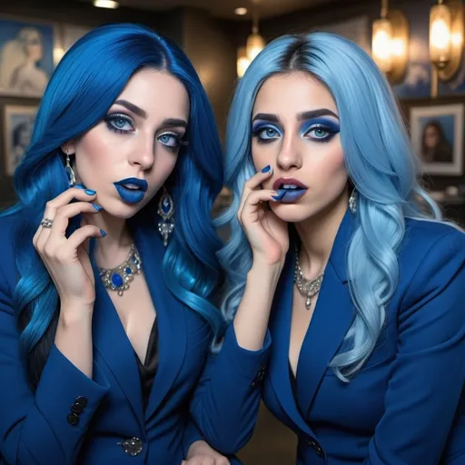 Prompt: a picture of 2 arab women with long blue hair, posing together large blue eyes wearing blue suits, blue eyeshadow, and blue lipstick coughing at the camera, blue makeup, jewerly on hands, Artgerm, fantasy art, realistic shaded perfect blue face, a detailed painting, modern newsroom background, 30 years old, blue lipstick 
