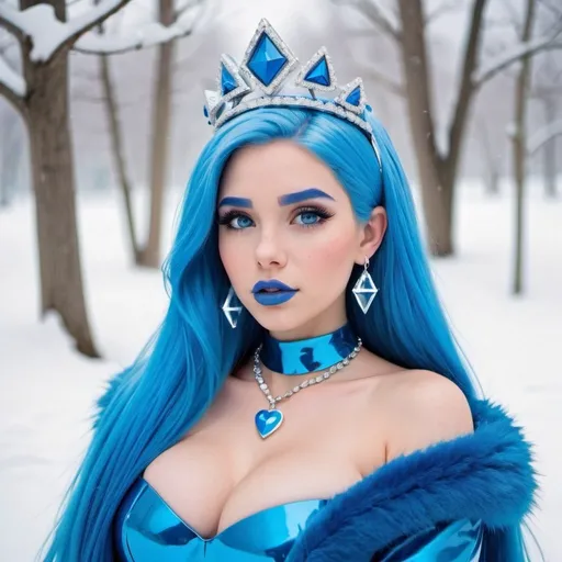 Prompt: kim possible, Heavy snow, Clouds in Sky, Long Straight Blue hair, Ice crystal tiara, Thick bushy blue eyebrows, medium sized nose, plump diamond shape face,  Blue lipstick, ethereal blue eyes, blue makeup, Triangle Star earrings, soft ears, Large blue plastic chain around neck, Blue heart necklaces, blue candy shaped rings, Large blue fur coat with blue plastic gloves. Long Blue Skirt. Plump chest, bigbreast
