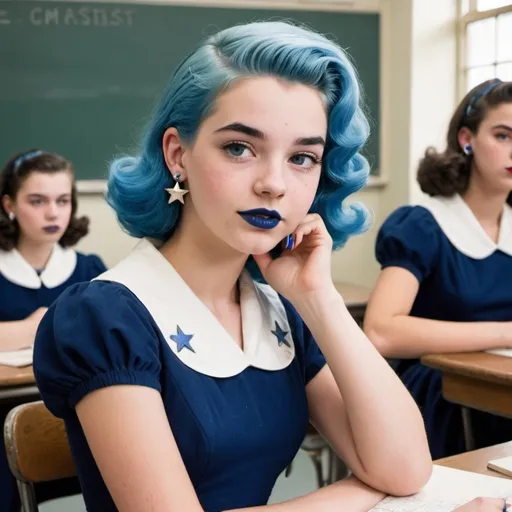 Prompt: 1950s, 15 year old white girls, students, in classroom, blue lipstick, blue hair, Puffy face, slight smile, long ice nails, blue earrings, dark blue gown, blue Star Patch,  