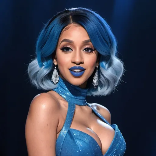 Prompt: Cardi B with blue lips, blue hair straight hair, blue dress, blue snowy aura, expressive eyes, massive chest, animated style, cool color scheme, highres, detailed, atmospheric lighting, lipstick balm in hands, large smile.
