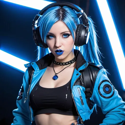 Prompt: Cyber goth tifa Lockhart, electronic dance, full body view, blue lipstick, blue eyes, blue eyeshadow, blue crop top, blue jacket, blue nails, blue hair, blue headphones, blue microphone, blue speakers, blue lights shining, media studio with cameras pointed at her, full lips, Checkmark on her crop top