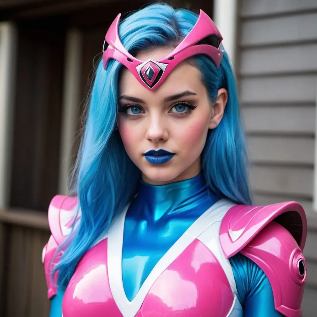 Prompt: Pink power ranger bimbo hypnotic  blue lips blue hair blue eyes