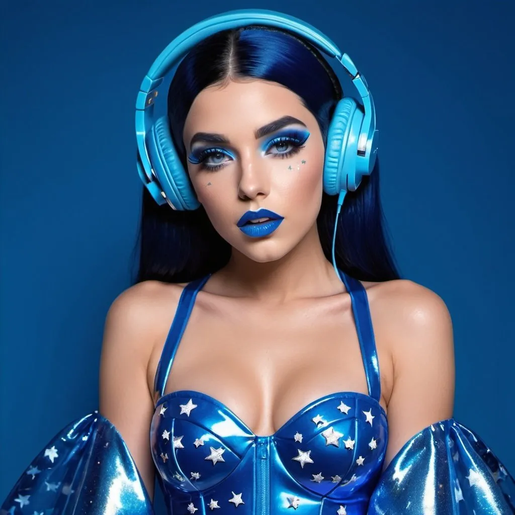 Prompt: 2020s, Saataa Andagii as a female popstar wearing a blue headphones, aqua blue lipstick, glossy and sparkling lips, blue makeup including blue eyeshadow and blue blush, dark blue hair, blue eyebrows, blue eyes, colourised, blue plastic gown, full body shot, photography, blue hearts and stars, euphoric.