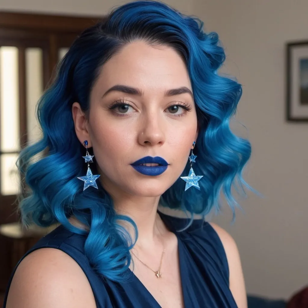 Prompt: 30 year old woman, mother, in living room, blue lipstick, blue hair, Puffy face, long ice nails, blue Spiral earrings, dark blue plastic dress, blue Star Patch.  