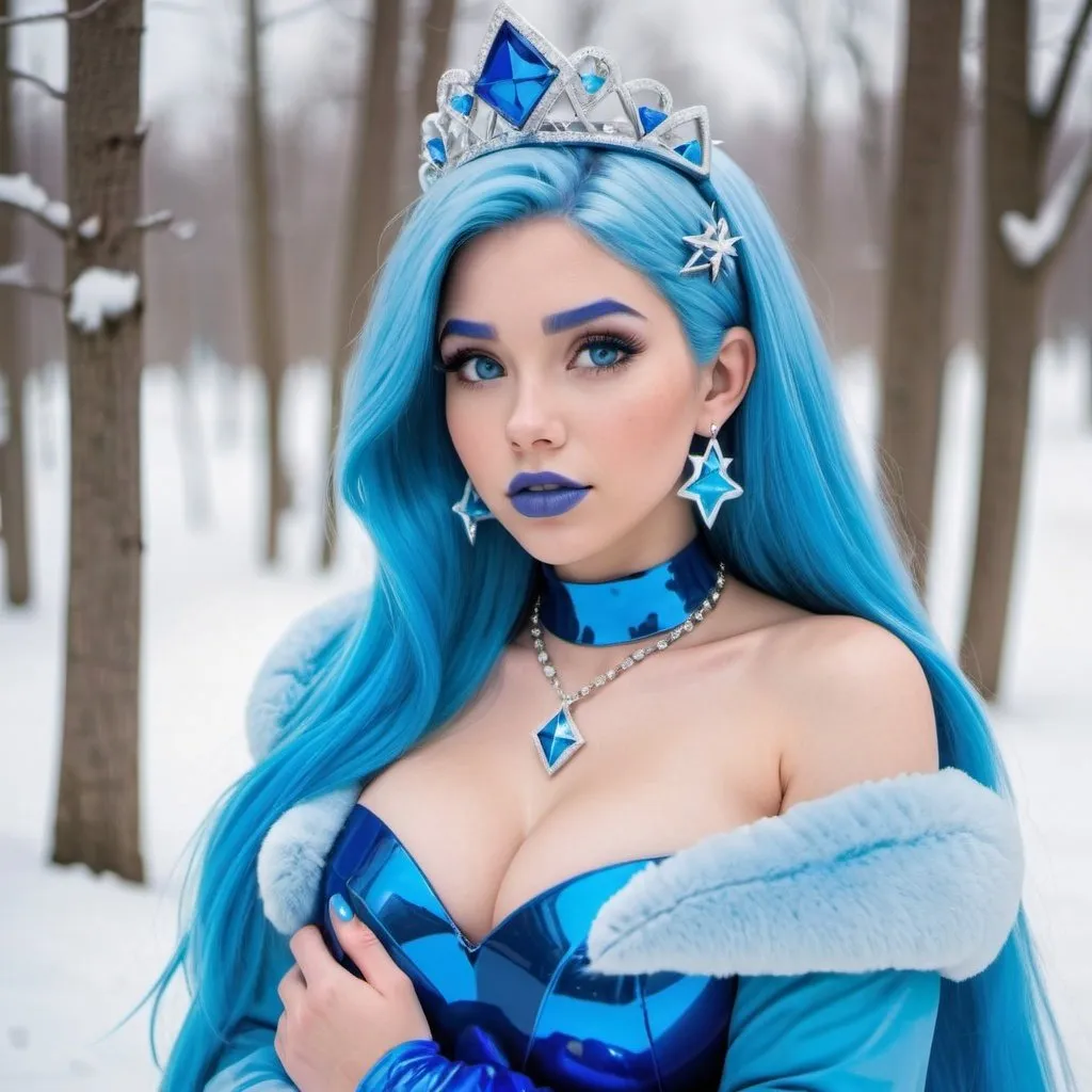 Prompt: kim possible, Heavy snow, Clouds in Sky, Long Straight Blue hair, Ice crystal tiara, Thick bushy blue eyebrows, medium sized nose, plump diamond shape face,  Blue lipstick, ethereal blue eyes, blue makeup, Triangle Star earrings, soft ears, Large blue plastic chain around neck, Blue heart necklaces, blue candy shaped rings, Large blue fur coat with blue plastic gloves. Long Blue Skirt. Plump chest, bigbreast