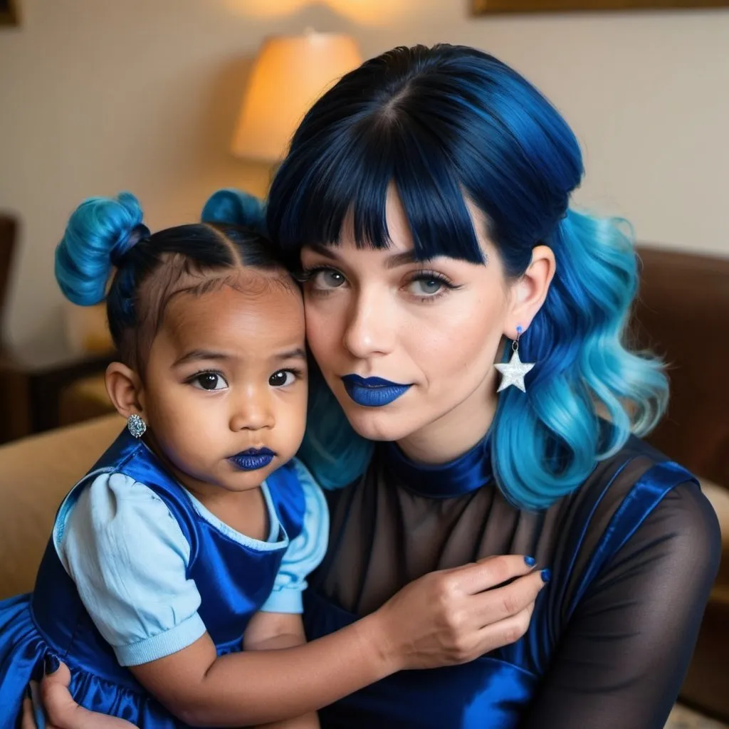 Prompt: 30 year old woman, mother, in living room, blue lipstick, blue hair, Puffy face, long ice nails, blue Spiral earrings, dark blue plastic dress, blue Star Patch.  

Handling child