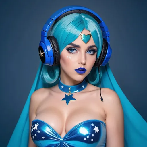 Prompt: 2020s, Palutena as a female popstar wearing a blue headphones, aqua blue lipstick, glossy and sparkling lips, blue makeup including blue eyeshadow and blue blush, dark blue hair, blue eyebrows, blue eyes, colourised, blue plastic gown, full body shot, photography, blue hearts and stars, euphoric, bigbreast.
