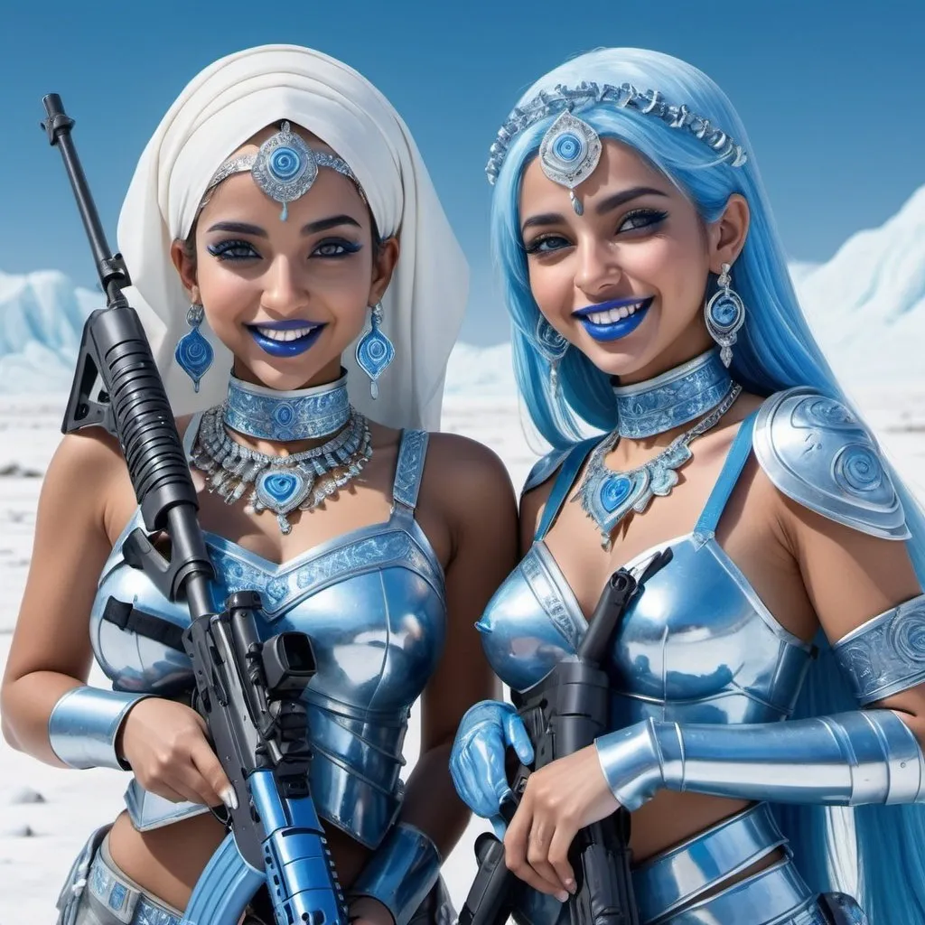 Prompt: Two arabian women holding a m-4 rifle, blue lipstick, snowy marsh bay, blue heart necklaces, Thick blue soldier armor, smile face, blue spiral eyes, blue eyeshadow, long ice earrings. Cold color scheme, ultradetailed, 8k resolution, perfect, smooth, high quality, shiny. 