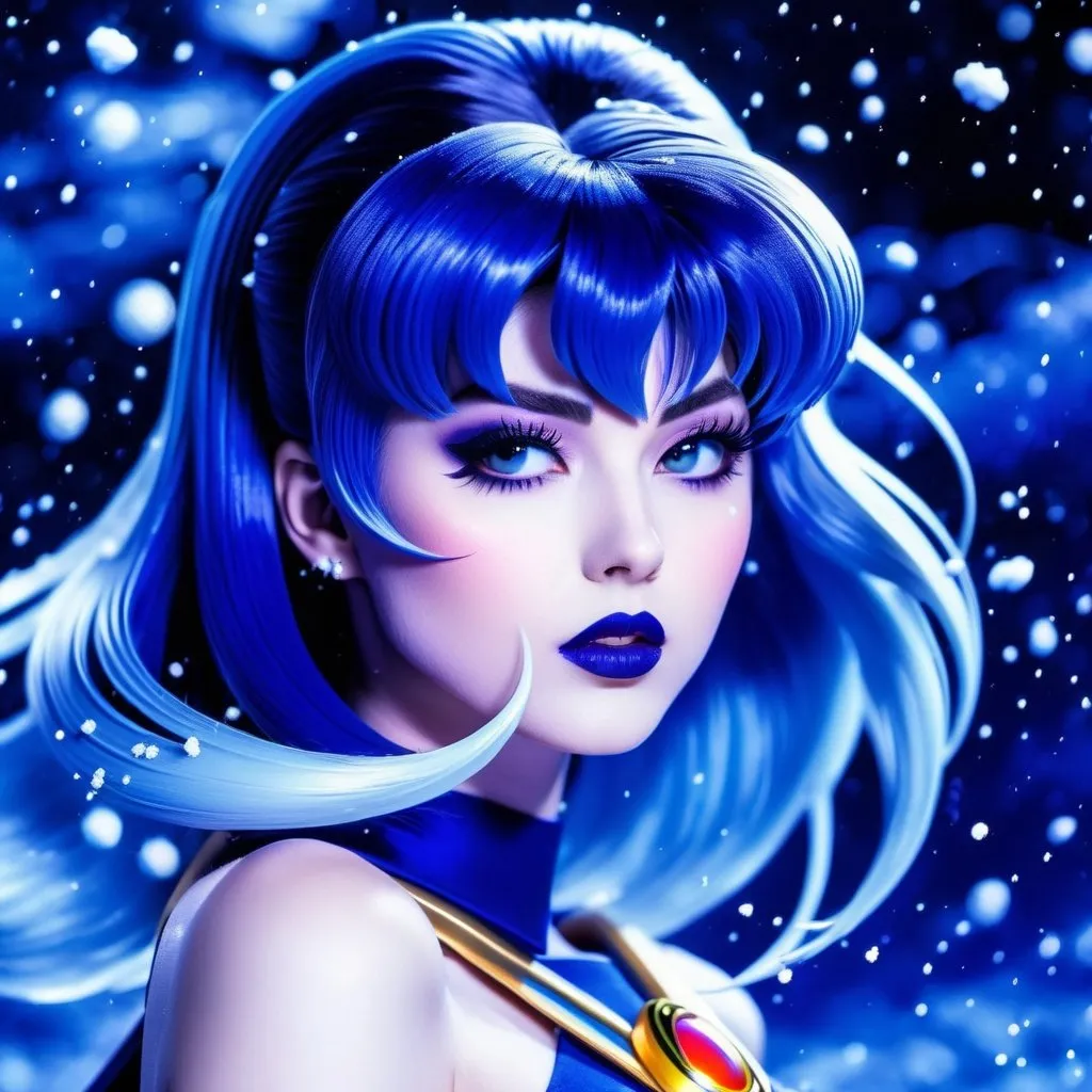 Prompt: Sailor Saturn from sailor moon
, blue hair swirling wildly,
, with blue snowy aura around her, blue lipstick,  cold void eyes, casting a blue spell,,