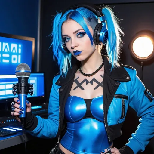 Prompt: Two Cyber goth popstars, electronic dance, full body view, blue lipstick, blue eyes, blue eyeshadow, blue crop top, blue jacket, blue nails, blue hair, blue headphones, blue microphone, blue speakers, blue lights shining, media studio with cameras pointed at her, full lips, Checkmark on her crop top