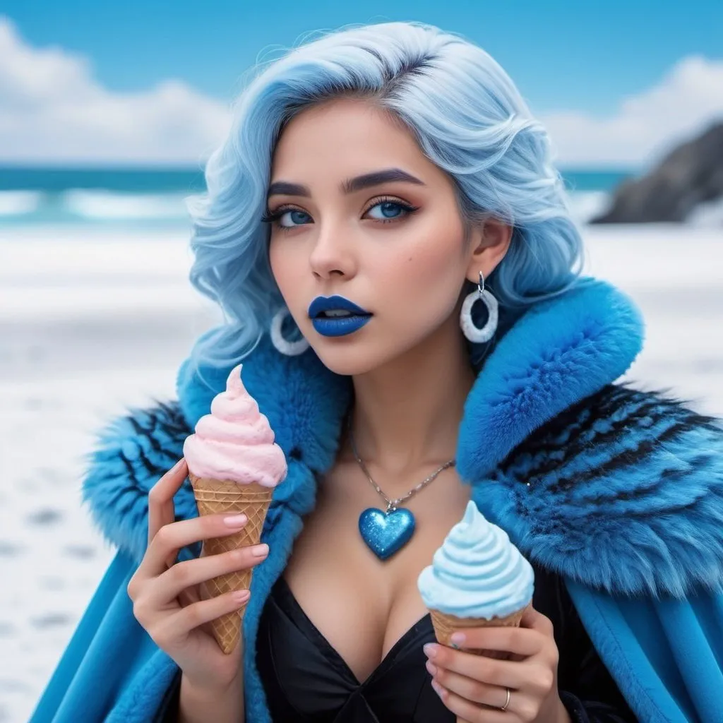 Prompt: Latina eating candy ice cream, blue lipstick, snowy beach, blue heart necklaces, Thick blue fur coat, Black Cape, pleasant face, blue spiral eyes, blue eyeshadow, long ice earrings. Cold color scheme, ultradetailed, 8k resolution, perfect, smooth, high quality, shiny. 