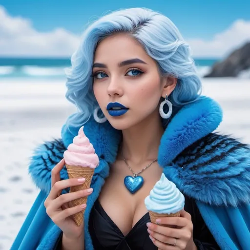 Prompt: Latina eating candy ice cream, blue lipstick, snowy beach, blue heart necklaces, Thick blue fur coat, Black Cape, pleasant face, blue spiral eyes, blue eyeshadow, long ice earrings. Cold color scheme, ultradetailed, 8k resolution, perfect, smooth, high quality, shiny. 