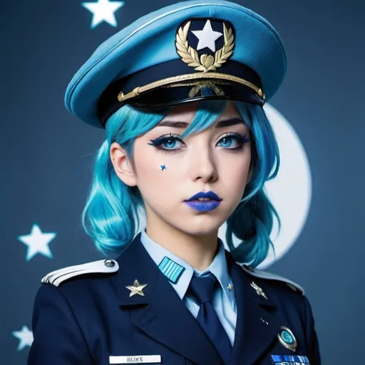 Prompt: 2010s, hatsune mike as a female officer wearing a blue beret, blue lipstick, blue makeup including blue eyeshadow and blue blush, blue hair, blue eyebrows, blue eyes, colourised, blue uniform beret, full body shot, photography, blue hearts and stars, coughing.