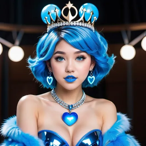 Prompt: Pokimane with ultradetailed large shiny blue lips, Blinding blue Heart Earrings, Blue Xtra Large Metal Ball Gown, blue plastic Gloves with blue Fur, Glowing Blue eyes, Artisans Cut, Gleaming lip gloss, blue Tiara. Pristine blue hair, confident facial expression, Full eyebrows with blue tint, blue Candy necklace, Wintry Aura, blue Armor Plated Shoulders, blue wand, blue Sharp Nails, coastal castle, Blue Moon. High resolution, Realistic, Cold color scheme, high radiance.