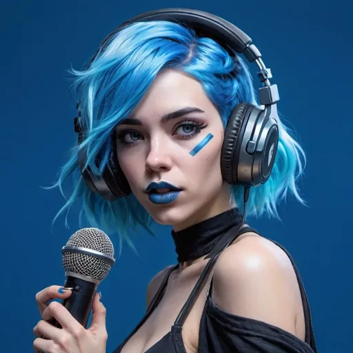 Prompt: a woman with blue hair and headphones on her face and a microphone in her hand, with a blue background, blue lipstick,  Artgerm, computer art, blue, cyberpunk art