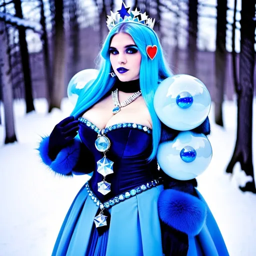 Prompt: GeminiTay, Heavy snow, Giant Blue Orb in Sky, Long Straight Blue hair, Ice crystal tiara with twal Flowers, Thick bushy blue eyebrows, medium sized nose, plump diamond shape face,  Blue lipstick, ethereal blue eyes, Triangle Star earrings, soft ears, Large blue plastic chain around neck, Blue heart necklaces, dark blue candy shaped rings, Large blue fur coat with armor underneath. Scaley gloves. Long Blue Skirt with moons.