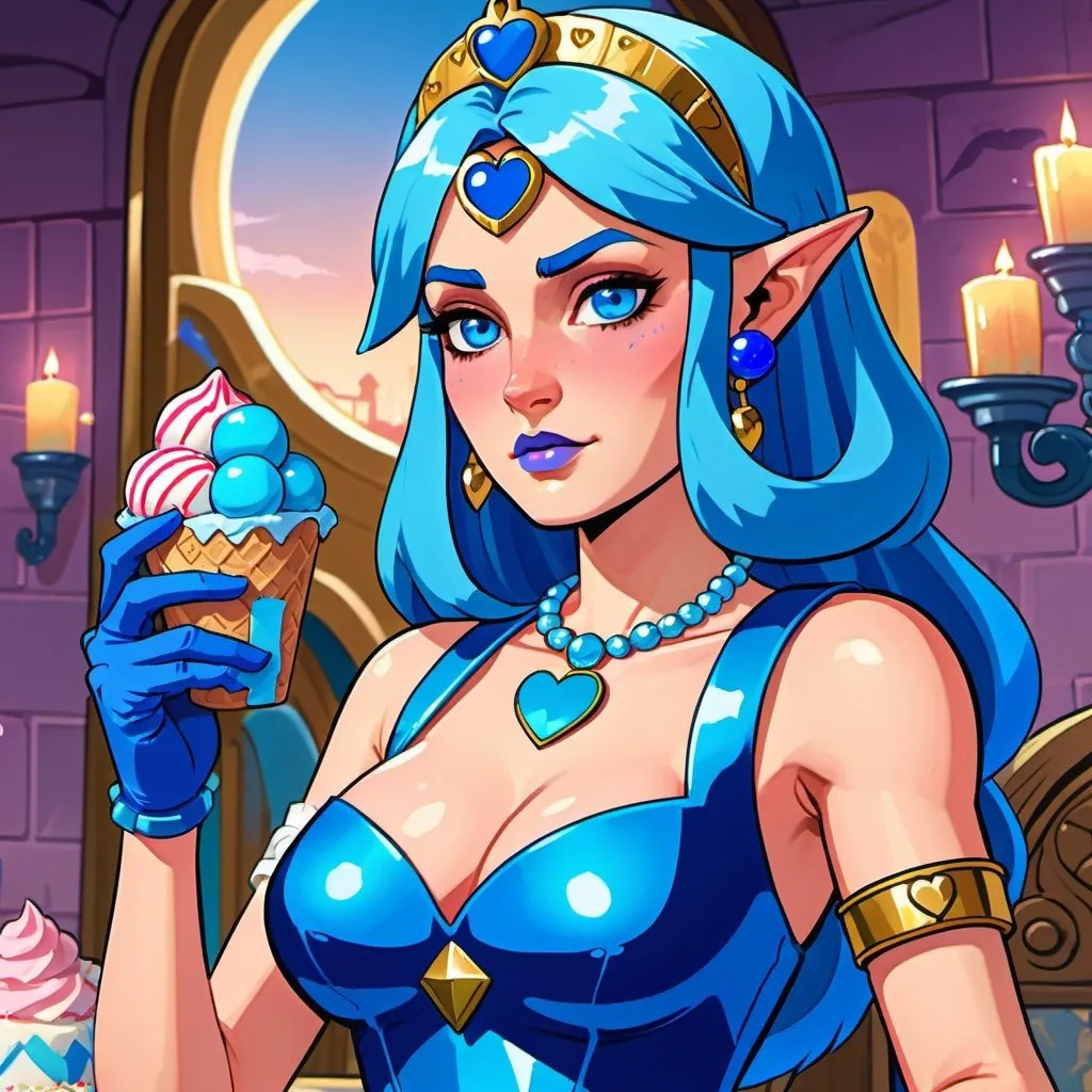 Prompt: GTA v cover art, Princess zelda with ultradetailed large shiny blue lips, Blinding blue Heart Earrings, Blue Xtra Large Metal Ball Gown, blue plastic Gloves with blue Fur, Glowing Blue eyes, Artisans Cut, Gleaming blueberry Ice Cream, blue Tiara. Pristine blue hair, confident facial expression, Full eyebrows with blue tint, blue Candy necklace, Wintry Aura, blue Armor Plated Shoulders, Cake Covered blue wand, blue Sharp Nails, coastal castle, Blue Moon. High resolution, Cold color scheme, high radiance.