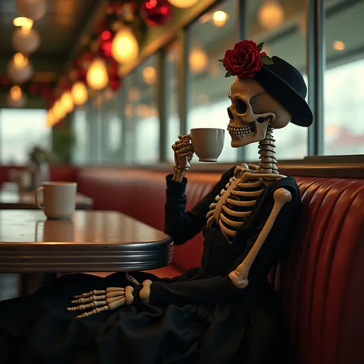 Prompt: Female skeleton in a 1950s diner, relaxed, drinking coffee, retro muted colors, black dress, sipping coffee, vintage aesthetic, nostalgic, Christmas vibes, Christmas decor,  floral headpiece, old-fashioned, classic diner scene, vintage, retro, muted colors, detailed dress, coffee cup, 4k, highres, vintage style, atmospheric lighting, holidays.