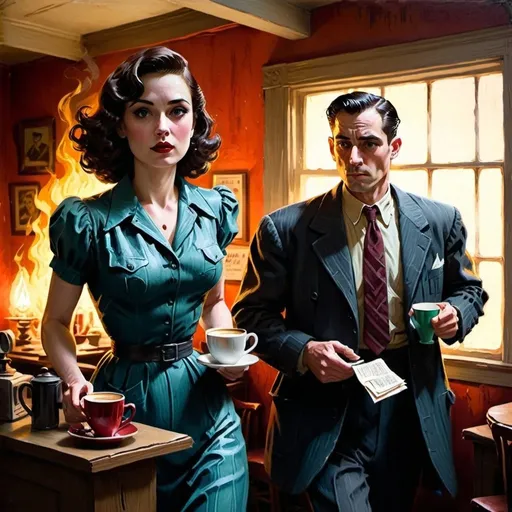 Prompt: Pulp novel cover illustration of a woman fleeing a man, man holding cup of coffee,  vintage paper texture, dramatic shadows and highlights, 1940s noir style, intense expressions, vibrant and bold colors, high contrast, dynamic composition, detailed facial features, textured clothing, retro typography, distressed edges, vintage aesthetic, dark and moody atmosphere, high quality, bold strokes, pulp art, emotional, dramatic lighting