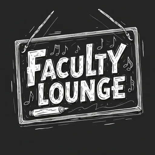 Prompt: (black and white), Rectangular Logo, retro high school sign, cartoon chalkboard style, "Faculty Lounge" (faculty Lounge text)  bold lettering, graphic elements representing music, playful sketches, dynamic and vibrant design, vintage aesthetic, eye-catching outline, suitable for a dad rock band, artistic flair, minimalistic but distinct, conveying a fun and nostalgic atmosphere, high detail.