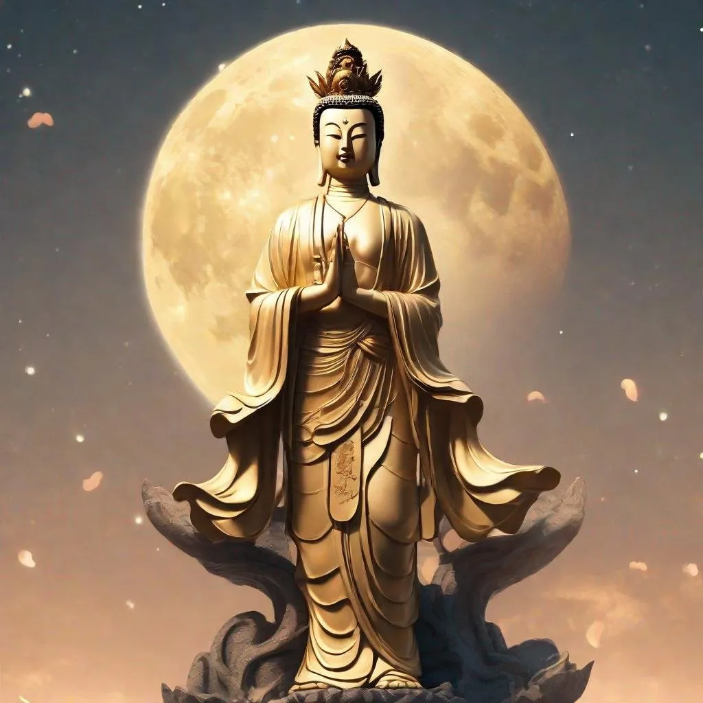 Prompt: A Guanyin god as Buddhist man look stand on the space in front of the moon, also sun is warm light shine to the Guanyin god. Picture is portrait size can be iPhone 14 Pro Max wallpaper. 