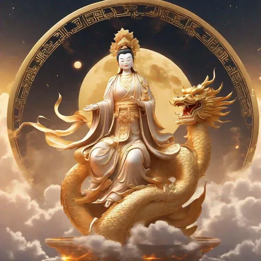 Prompt: A Guanyin god as Buddhist man look stand on the space in front of the moon, also sun is warm light shine to the Guanyin god. There is a golden dragon as chinese style, a bit smile face fly behind the Guanyin god. Picture is portrait size can be iPhone 14 Pro Max wallpaper. 