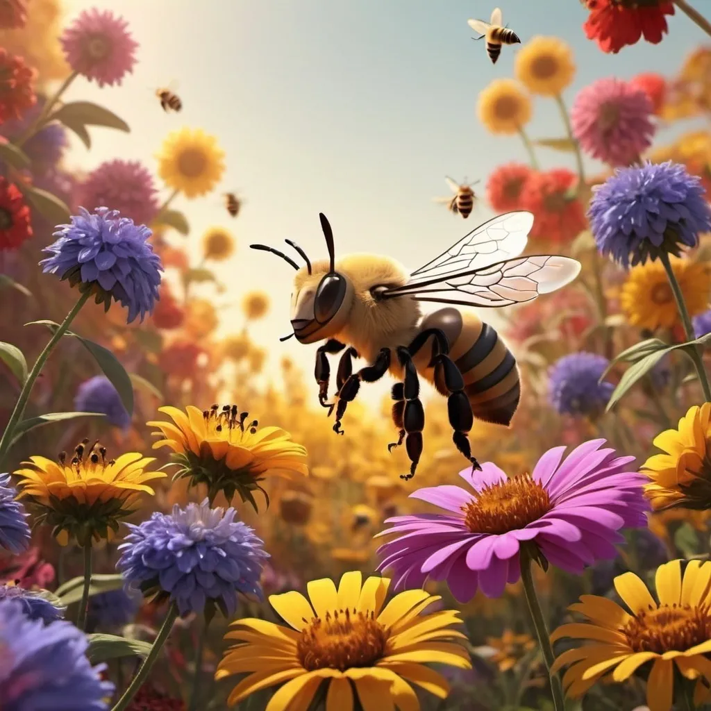 Prompt: There's a cinematic element to it
a bee harvesting honey among the colorful flowers
In an animation