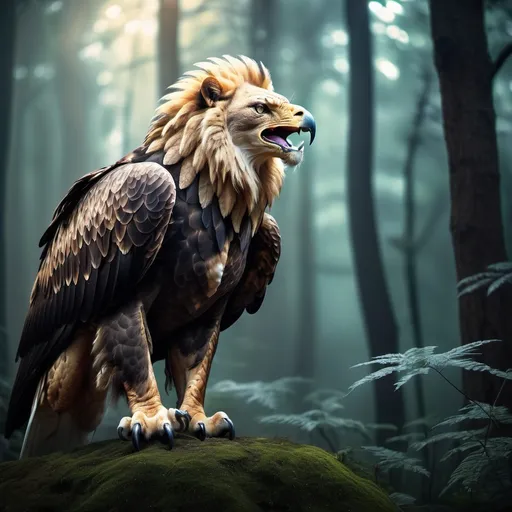 Prompt: Eagle-lion hybrid in a mystical forest, animal hybrid of an eagle and a lion, mix of lion and eagle, high quality, atmospheric lighting