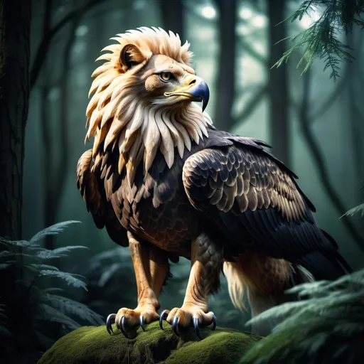 Prompt: Eagle-lion hybrid in a mystical forest, animal hybrid of an eagle and a lion, mix of lion and eagle, high quality, atmospheric lighting