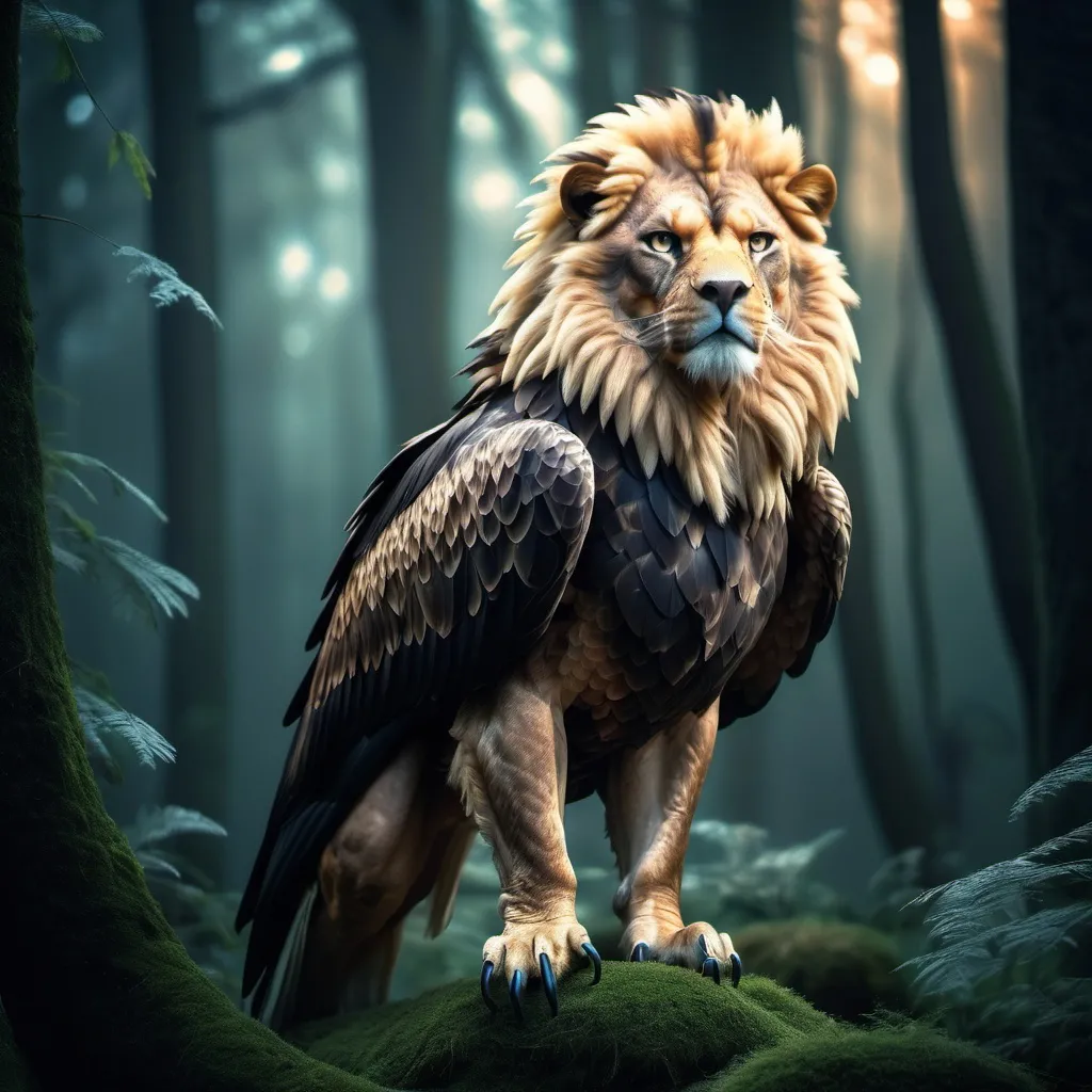 Prompt: Eagle-lion hybrid in a mystical forest, animal hybrid of an eagle and a lion, mix of lion and eagle, high quality, atmospheric lighting